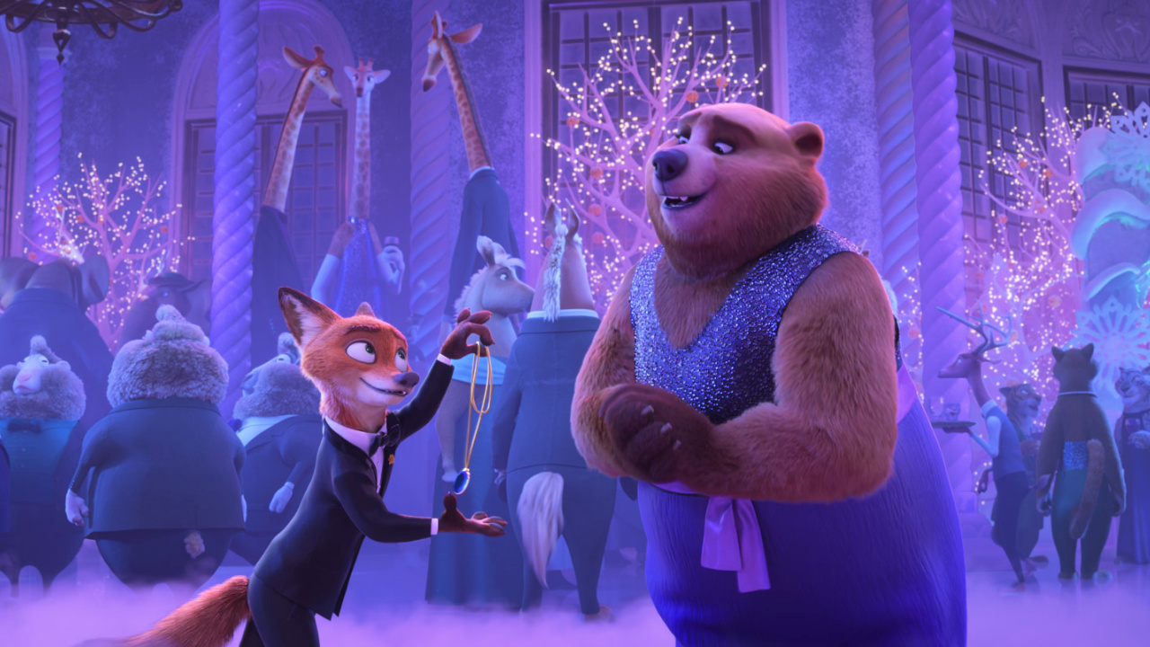 (L to R) Judy Hopps (voiced by Ginnifer Goodwin), Nick Wilde (voiced by Jason Bateman), and the Bearoness (voiced by Yvette Nicole Brown) in Walt Disney Animation Studios' 'Zootopia 2'. © 2025 Disney Enterprises, Inc. All Rights Reserved.
