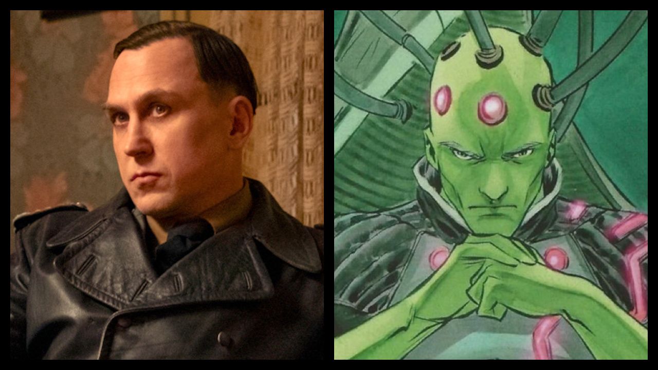 (Left) Lars Eidinger as Sergeant Major Reinhold von Rumpel in episode 101 of 'All the Light We Cannot See.' Photo: Atsushi Nishijima/Netflix © 2023. (Right) The character of Brainiac in DC Comics' 'Man of Tomorrow.' Photo: DC Comics.