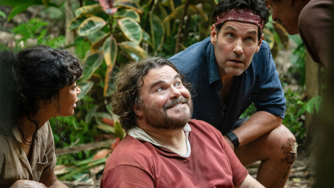 (L to R) Claire (Thandiwe Newton), Doug (Jack Black), Griff (Paul Rudd) and Kenny (Steve Zahn) in Columbia Pictures' 'Anaconda'. Photo: Matt Grace. © 2025 CTMG, Inc. All Rights Reserved.