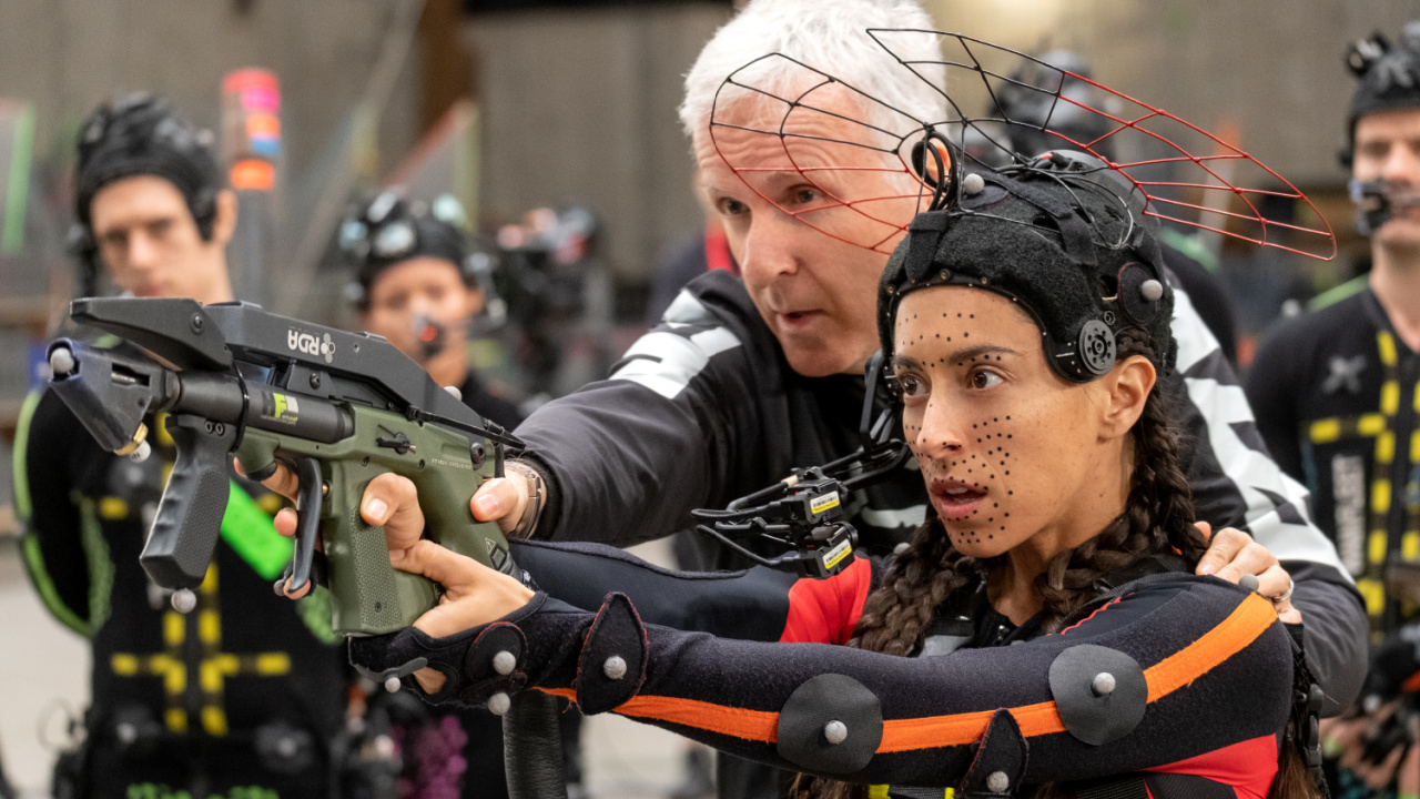 (L to R) Director James Cameron and Oona Chaplin on the set of 20th Century Studios' 'Avatar: Fire and Ash'. Photo by Mark Fellman. © 2025 20th Century Studios. All Rights Reserved.
