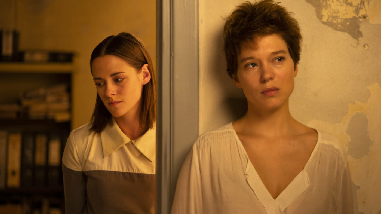 (L to R) Kristen Stewart and Léa Seydoux in David Cronenberg’s ‘Crimes of the Future.' Photo courtesy of Neon.