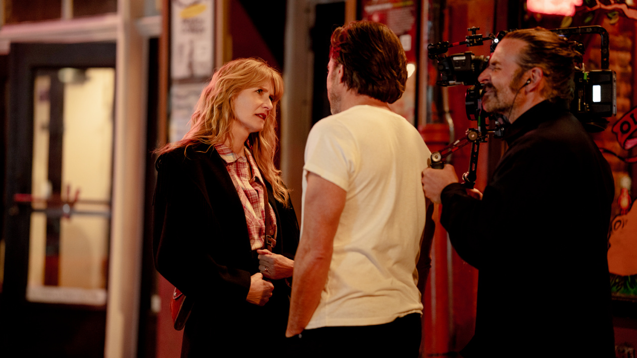 (L to R) Laura Dern, Will Arnett and Bradley Cooper on the set of 'Is This Thing On?' Photo by Searchlight Pictures/Jason McDonald/ Courtesy of Searchlight Pictures. © 2025 Searchlight Pictures All Rights Reserved.