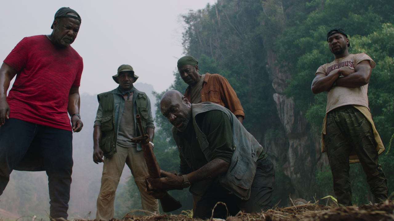 (L to R): Isiah Whitlock Jr. as Melvin, Norm Lewis as Eddie, Delroy Lindo as Paul,, Clarke Peters as Otis and Jonathan Majors as David in ‘Da 5 Bloods.’ Photo: Courtesy of Netflix © 2020.