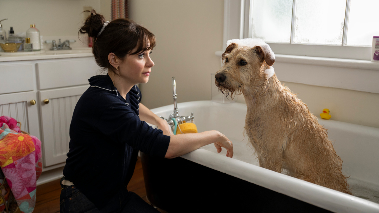 (L to R) Zooey Deschanel and Gus in 'Merv'. Photo Credit: Wilson Webb/Prime Video. © Amazon Content Services LLC.
