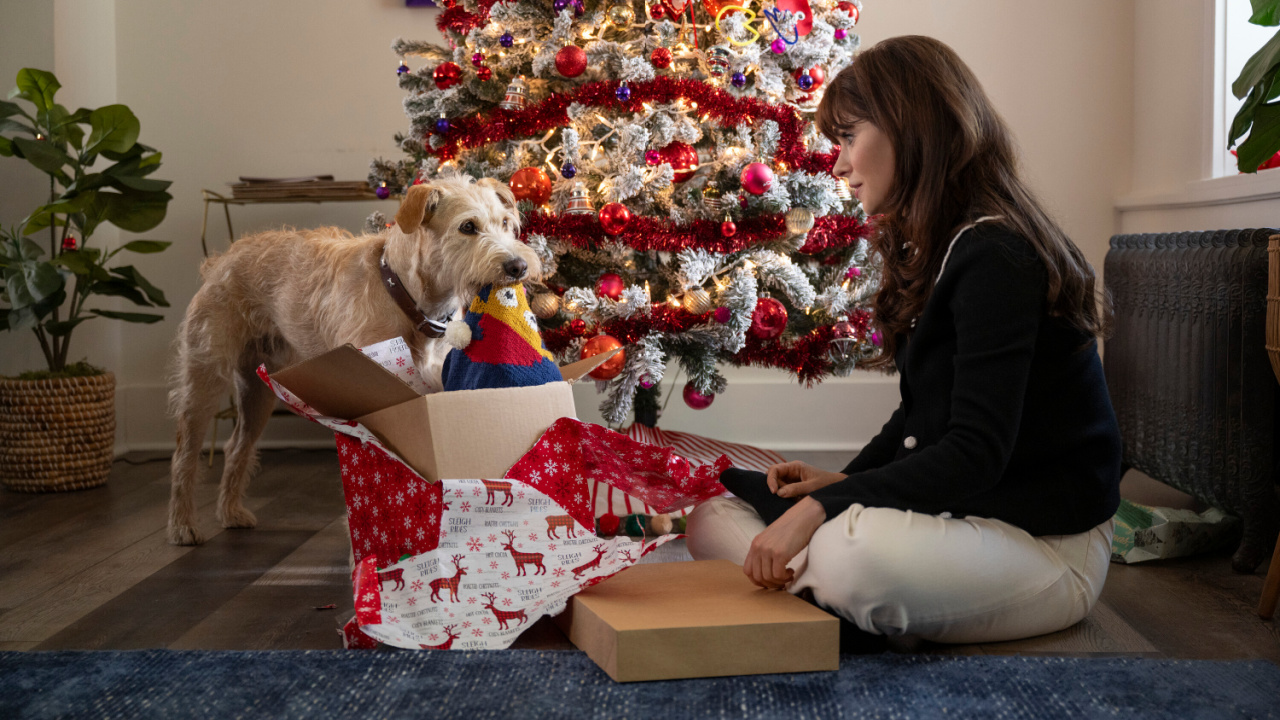 (L to R) Zooey Deschanel and Gus in 'Merv'. Photo Credit: Wilson Webb/Prime Video. © Amazon Content Services LLC.