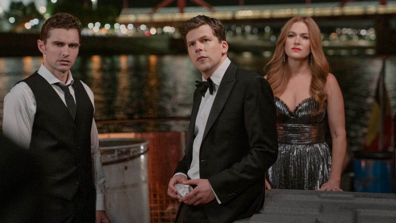 (L to R) Dave Franco as Jack Wilder, Jesse Eisenberg as Daniel Atlas, and Isla Fisher as Henley Reeves in 'Now You See Me: Now You Don’t'. Photo: Katalin Vermes.