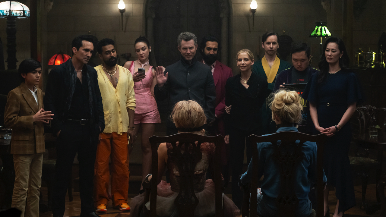 (L to R: Juan Pablo Romero, Nestor Carbonell, Varun Saranga, Maša Lizdek, Shawn Hatosy, Samara Weaving, Nadeem Umar-Khitab, Sarah Michelle Gellar, Daniel Beirne, Kathryn Newton, Antony Hall, and Olivia Cheng in 'Ready or Not 2: Here I Come.' Photo: Searchlight Pictures/Pief Weyman, Courtesy of Searchlight Pictures. © 2025 Searchlight Pictures. All Rights Reserved.