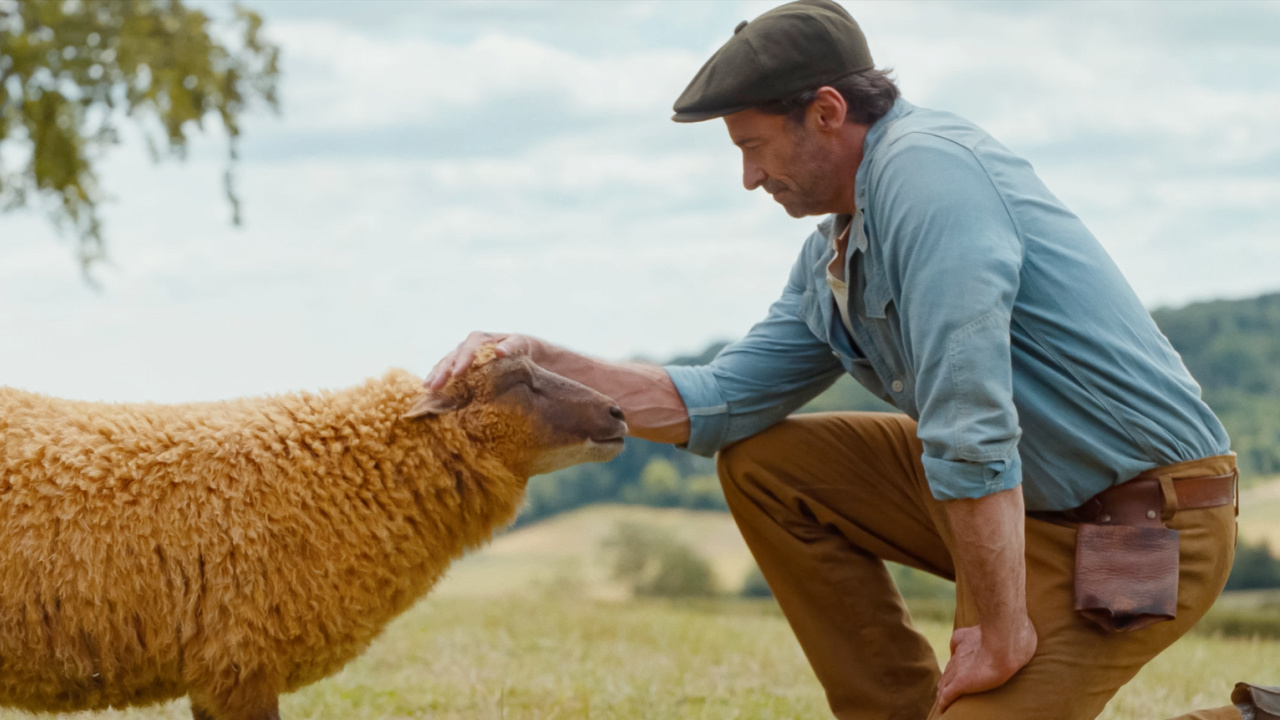 (L to R) Julia-Louis Dreyfus as the voice of Lily, the sheep, and Hugh Jackman as George Hardy in 'The Sheep Detectives', from Amazon MGM Studios. Photo: Courtesy of Amazon MGM Studios. Copyright: © 2025 Amazon Content Services LLC. All Rights Reserved.