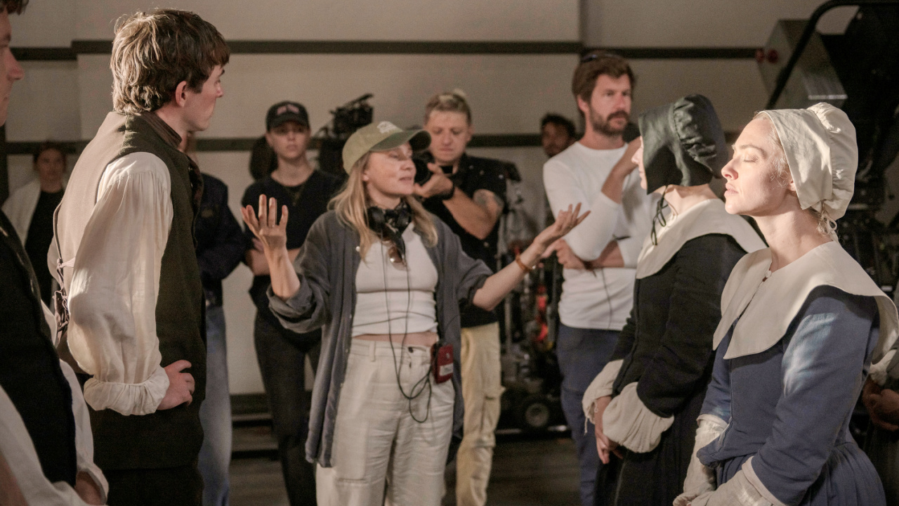 (L to R) Mona Fastvold and Amanda Seyfried on the set of 'The Testament of Ann Lee'. Photo courtesy of Searchlight Pictures. © 2025 Searchlight Pictures All Rights Reserved.