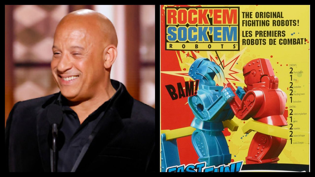 (Left) Vin Diesel at the 82nd Annual Golden Globe Awards, airing live from the Beverly Hilton in Beverly Hills, California on Sunday, January 5, 2025, at 8 PM ET/5 PM PT, on CBS and streaming on Paramount+. Photo: Sonja Flemming/CBS ©2025 CBS Broadcasting, Inc. All Rights Reserved. (Right) Mattel's 'Rock'Em Sock'Em Robots'. Photo: Amazon.