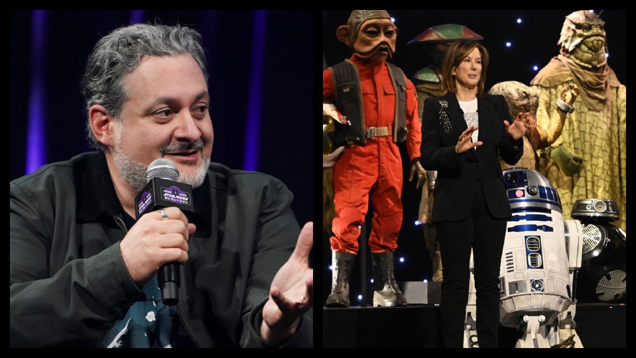 (Left) 'Maul: Shadow Lord’s Dave Filoni at Lucasfilm Animation’s 20th Anniversary at Star Wars Celebration 2025 in Chiba, Japan. Photo by Christopher Jue/Getty Images for Disney. (Right) President of Lucasfilm Kathleen Kennedy at Star Wars Celebration 2023.
