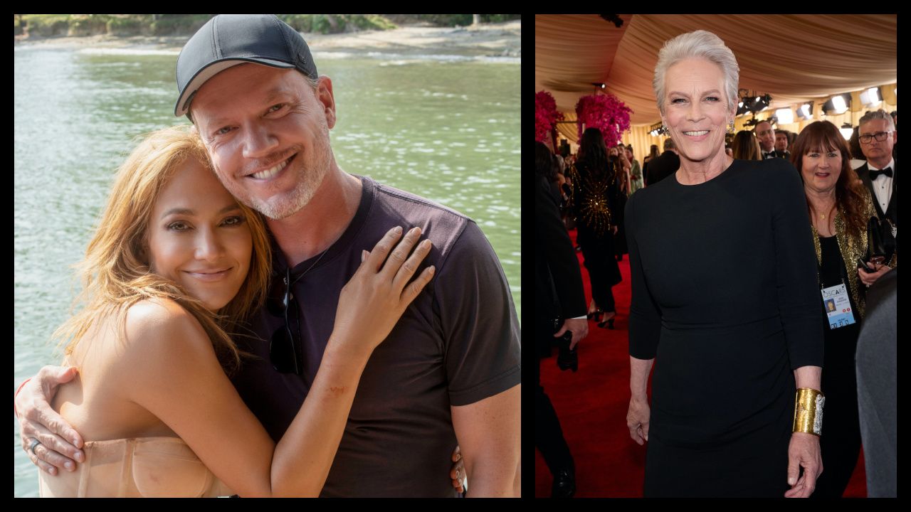 (Left) Jennifer Lopez and director Jason Moore on the set of 'Shotgun Wedding'. Photo Credit: Ana Carballosa. (Right) Jamie Lee Curtis on the red carpet of the 96th Oscars® at the Dolby® Theatre at Ovation Hollywood on Sunday, March 10, 2024. Credit/Provider: Warrick Page. ©A.M.P.A.S.