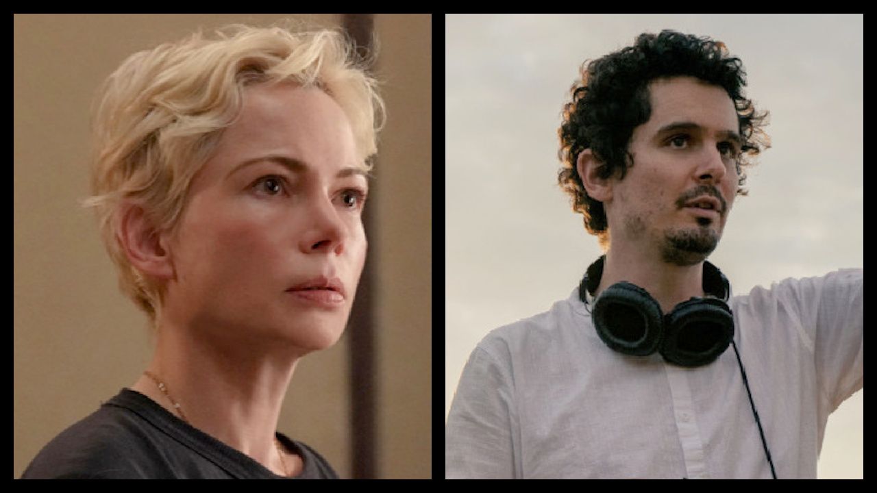 (Left) Michelle Williams as Molly in 'Dying for Sex'. Photo: Sarah Shatz/FX. (Right) Director Damien Chazelle on the set of 'Babylon' from Paramount Pictures.