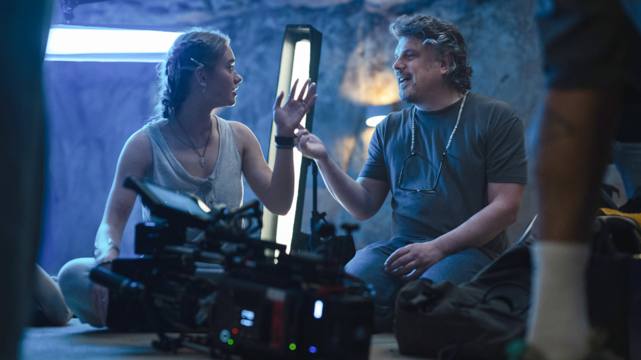 (L to R) Johnny Sequoyah as “Lucy" and director Johannes Roberts on the set of 'Primate' from Paramount Pictures.