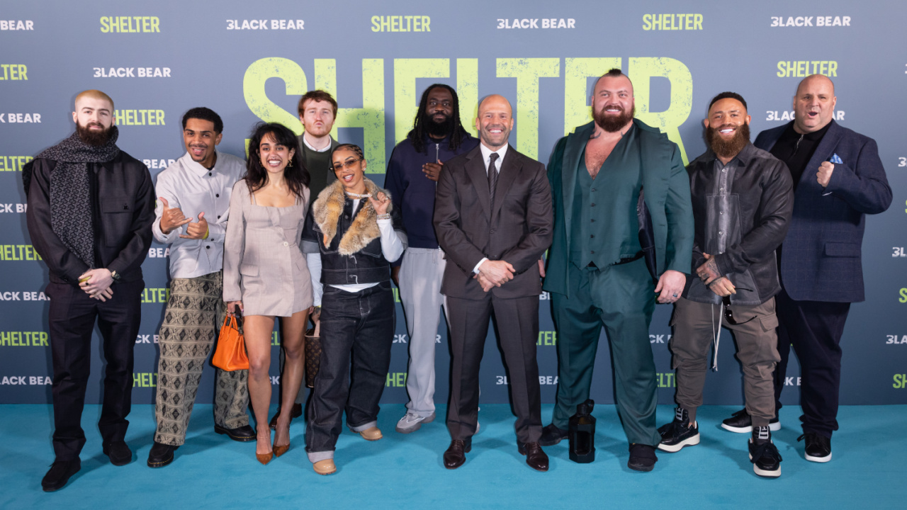 (L to R) Tom Malone, Theo Shakes, Savannah Sachdev, Ali Woods, Paigey Cakey, Jay Urban, Jason Statham, Eddie Hall, Ashley Cain and Big John attend the UK Premiere of ‘Shelter’ at Cineworld Leicester Square on January 20, 2026 in London, England. Photo: StillMoving.Net for Black Bear.