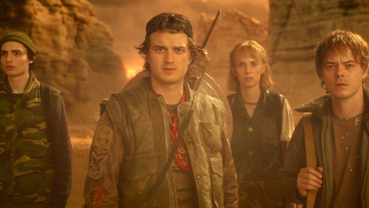 (L to R) Finn Wolfhard as Mike Wheeler, Joe Keery as Steve Harrington, Maya Hawke as Robin Buckley, and Charlie Heaton as Jonathan Byers in 'Stranger Things: Season 5.' Photo: NETFLIX © 2025.