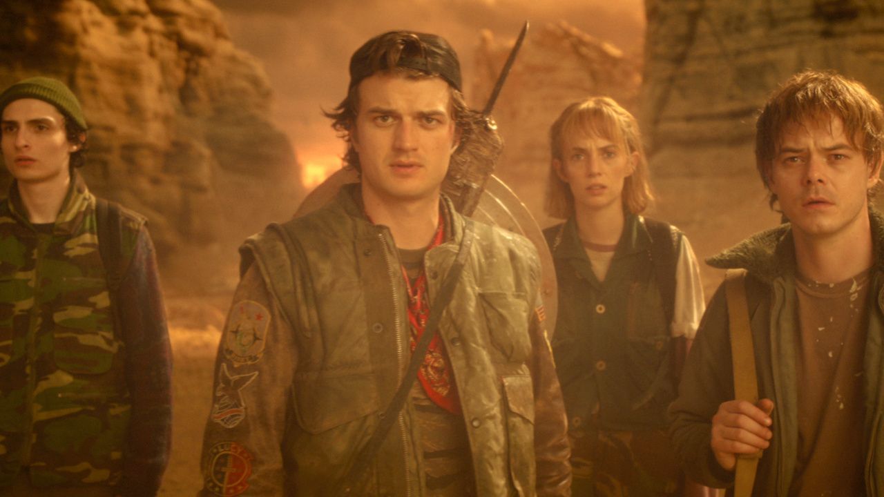 (L to R) Finn Wolfhard as Mike Wheeler, Joe Keery as Steve Harrington, Maya Hawke as Robin Buckley, and Charlie Heaton as Jonathan Byers in 'Stranger Things: Season 5.' Photo: NETFLIX © 2025.