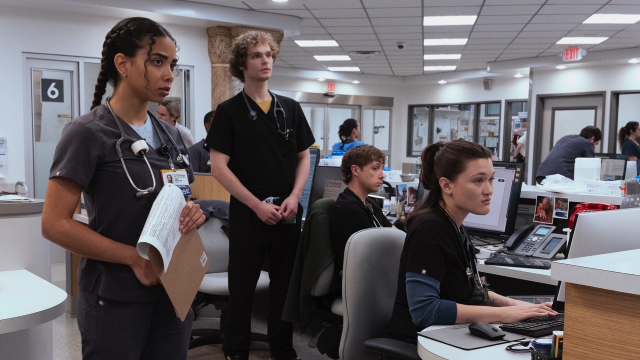 (L to R): Laetitia Hollard, Lucas Iverson, Isa Briones and Gerran Howell in ‘The Pitt’ Season 2. Photo: Warrick Page/HBO Max.