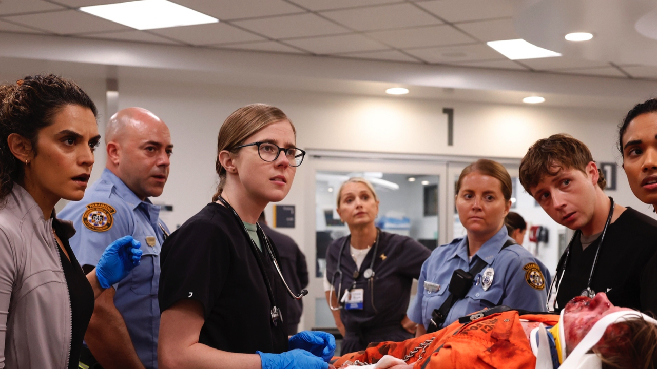 (L to R): Sepideh Moafi, Taylor Dearden, Katherine LaNasa, Gerran Howell and Supriya Ganesh in ‘The Pitt’ Season 2. Photo: Warrick Page/HBO Max.