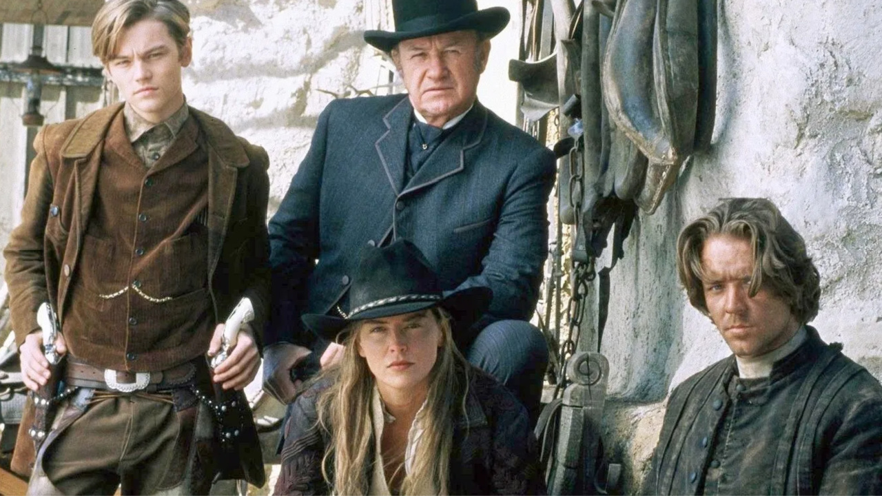 (L to R) Leonardo DiCaprio, Gene Hackman, Sharon Stone and Russell Crowe in 'The Quick and the Dead'. Photo: Sony Pictures Releasing.