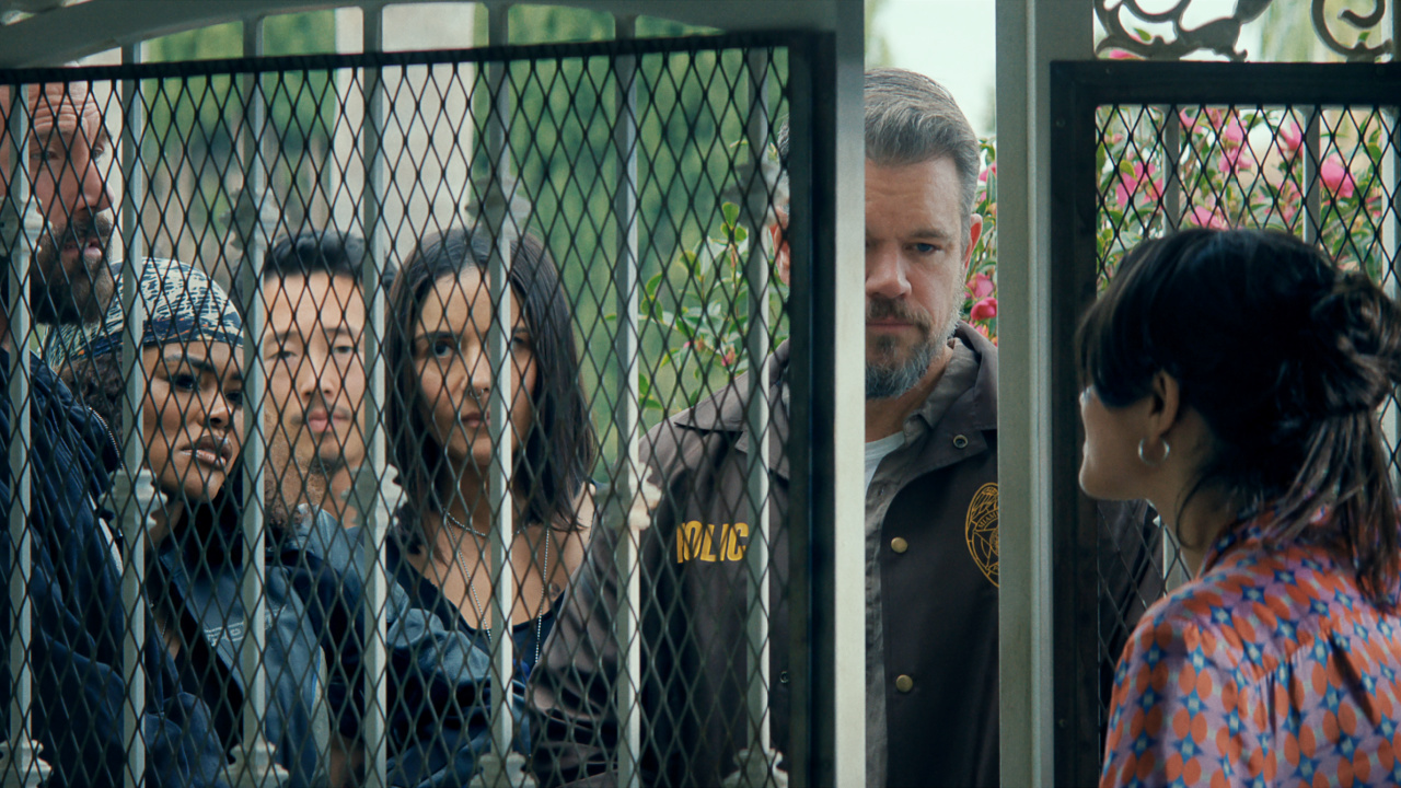 (L to R) Ben Affleck as Detective Sergeant J.D. Byrne, Teyana Taylor as Detective Numa Baptiste, Steven Yeun as Detective Mike Ro, Catalina Sandino Moreno as Detective Lolo Salazar, Matt Damon as Lieutenant Dane Dumars and Sasha Calle as Desi in 'The Rip'. Photo: Courtesy of Netflix © 2025.