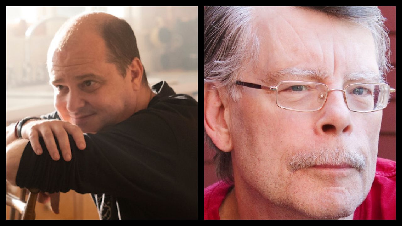 (Left) Director Mike Flanagan on the set of 'The Life of Chuck'. Photo: Neon. (Right) Author Stephen King. Photo: Stephen King/Facebook.