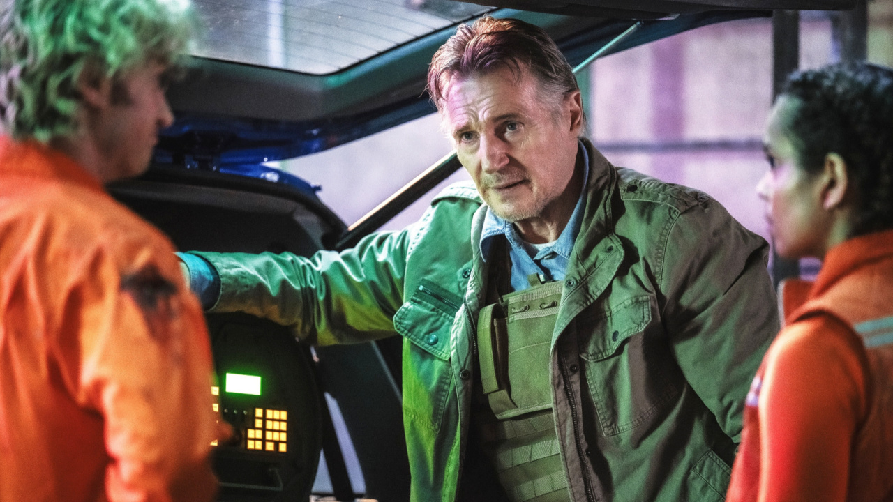 (L to R) Joe Keery, Liam Neeson and Georgina Campbell in 'Cold Storage'. Photo: StudioCanal.