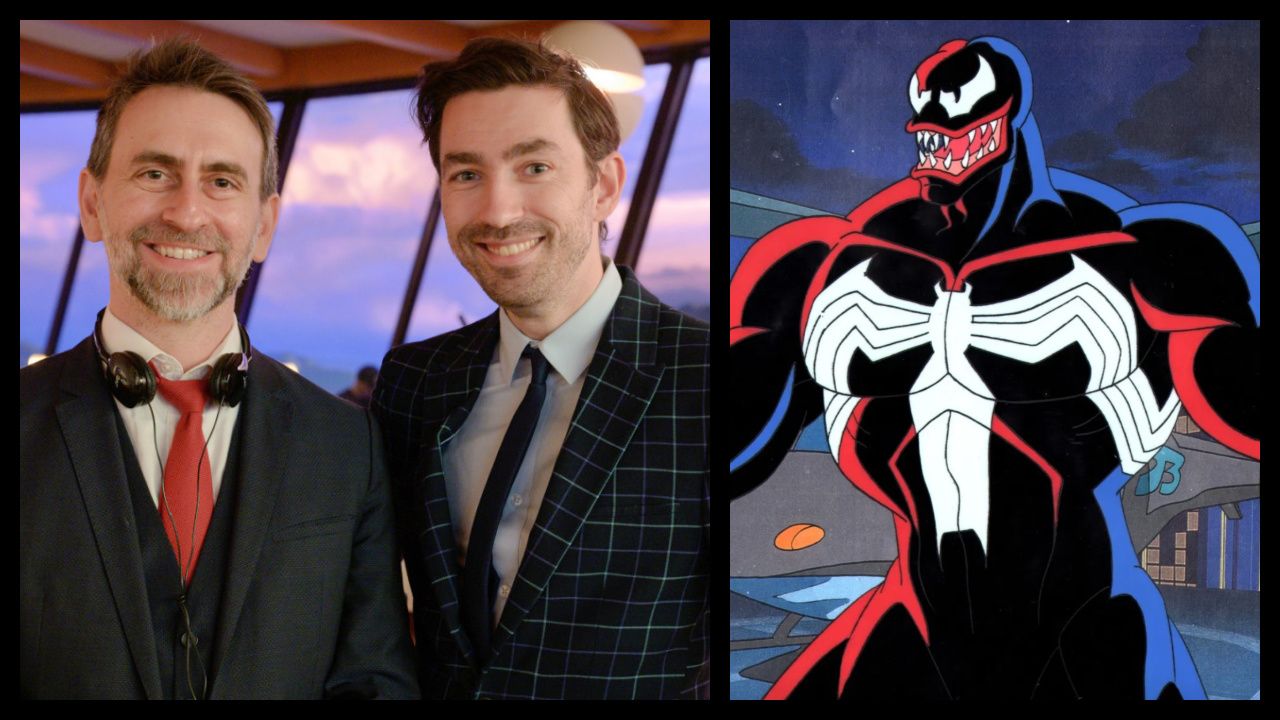 (Left) Director Adam Stein and Director Zach Lipovsky in New Line Cinema’s 'Final Destination Bloodlines,' a Warner Bros. Pictures release. Photo Credit: Eric Milner. Copyright: © 2025 Warner Bros. Entertainment Inc. All Rights Reserved. (Right) Venom in 1994's 'Spider-Man: The Animated Series'. Photo: Marvel Entertainment Group