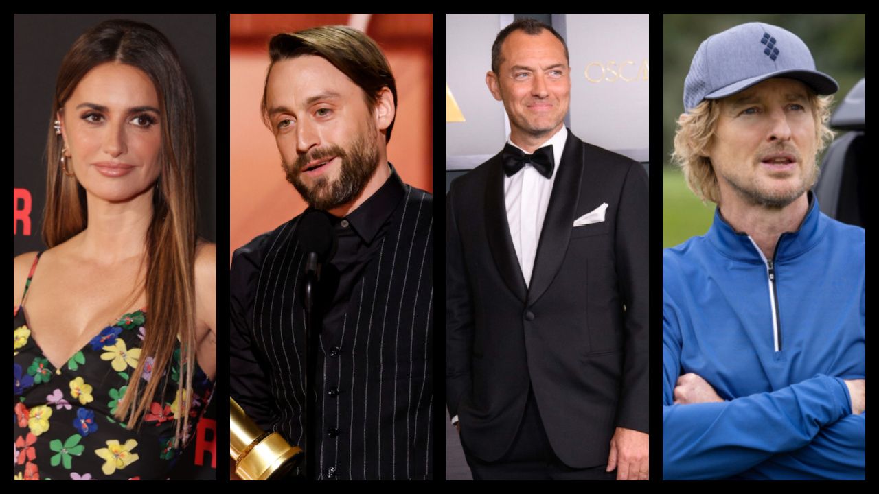 (Left) Penélope Cruz at the Los Angeles premiere of 'Ferrari.' Photo: Neon. (Center Left) Kieran Culkin accepts the award for Male Supporting Actor - Motion Picture at the 82nd Annual Golden Globe Awards, airing live from the Beverly Hilton in Beverly Hills, California on Sunday, January 5, 2025, at 8 PM ET/5 PM PT, on CBS and streaming on Paramount+. Photo: Sonja Flemming/CBS ©2025 CBS Broadcasting, Inc. All Rights Reserved. (Canter Right) Jude Law prior to the Academy’s 13th Governors Awards on Saturday, November 19, 2022, in Los Angeles. Credit/Provider: Blaine Ohigashi / ©A.M.P.A.S. Copyright: ©A.M.P.A.S. (Right) Owen Wilson in 'Stick,' premiering June 4, 2025 on Apple TV+. Photo: Apple TV+.