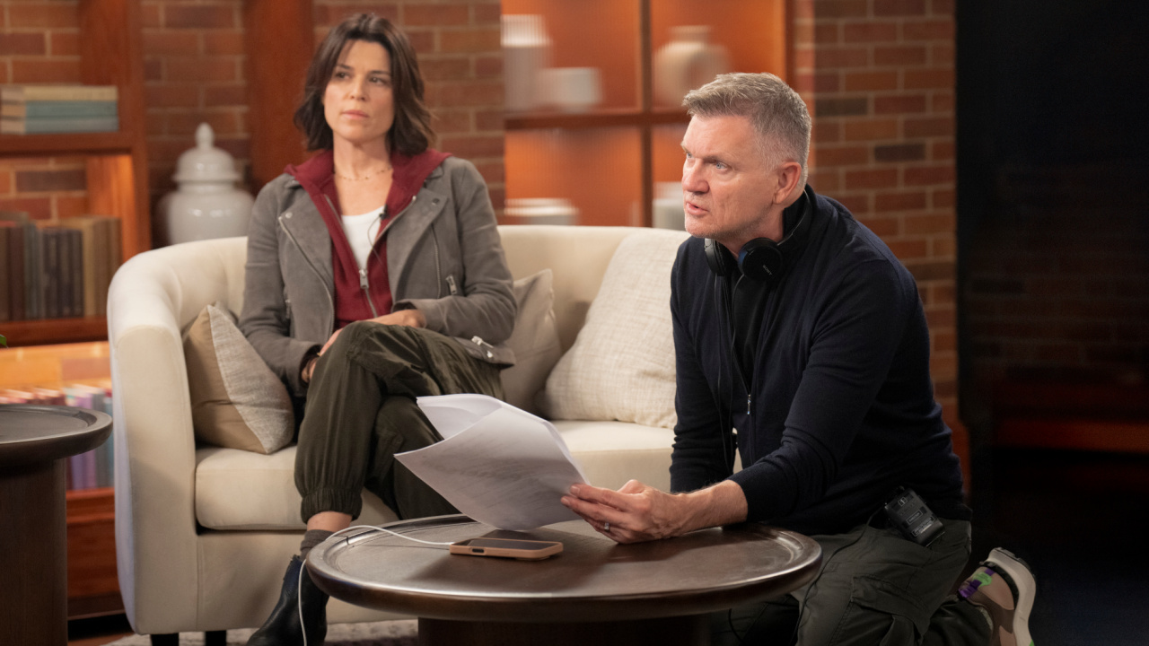 (L to R) Neve Campbell, and Director Kevin Williamson on the set of Paramount Pictures and Spyglass Media Group's 'Scream 7.'