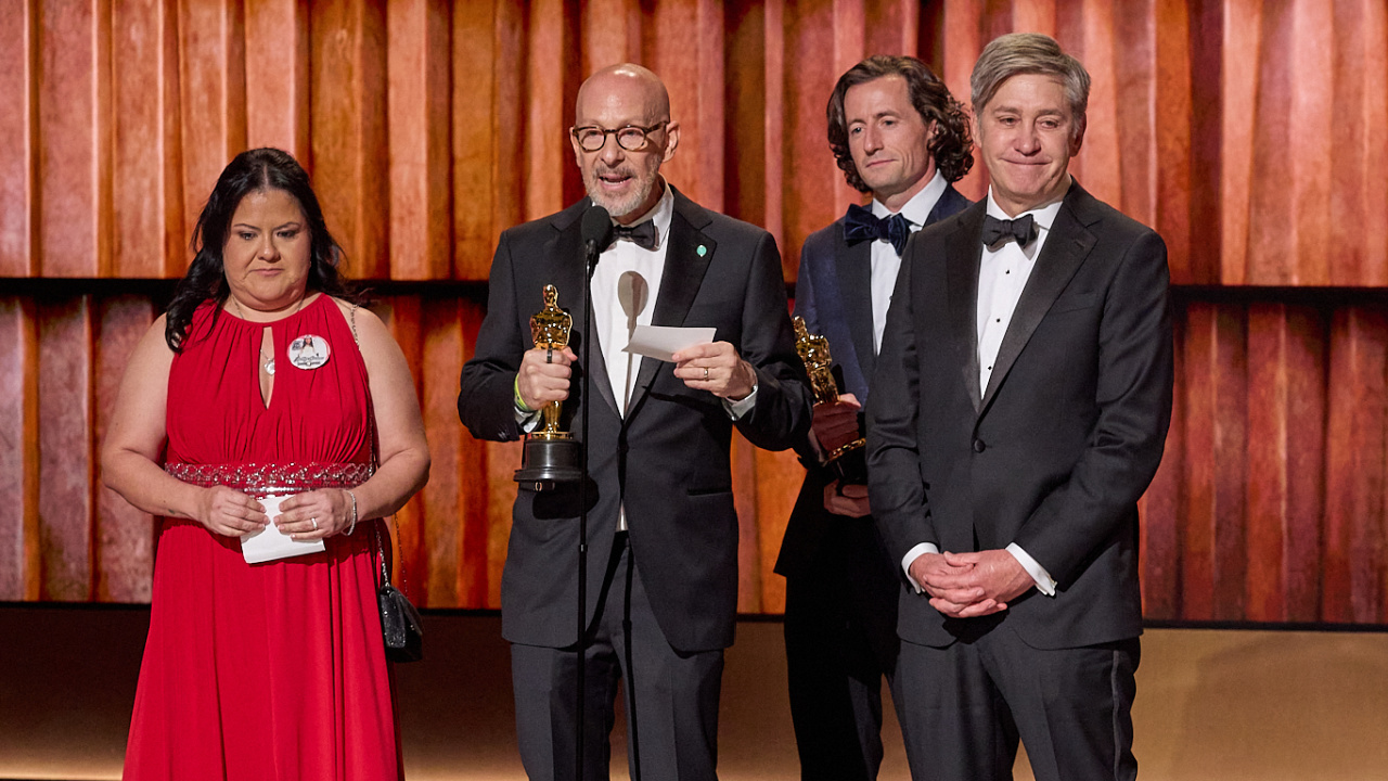(L to R) Gloria Cazares, Joshua Seftel, Steve Hartman, and Conall Jones accept the Oscar® for Documentary Short Film during the 98th Oscars® at the Dolby® Theatre at Ovation Hollywood on Sunday, March 15, 2026. Credit/Provider: Trae Patton / The Academy. Copyright: ©A.M.P.A.S.