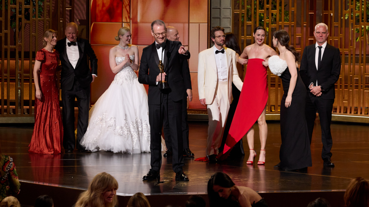 Joachim Trier (center) accepts the Oscar® for International Feature Film during the 98th Oscars® at the Dolby® Theatre at Ovation Hollywood on Sunday, March 15, 2026. Credit/Provider: Trae Patton / The Academy. Copyright: ©A.M.P.A.S.