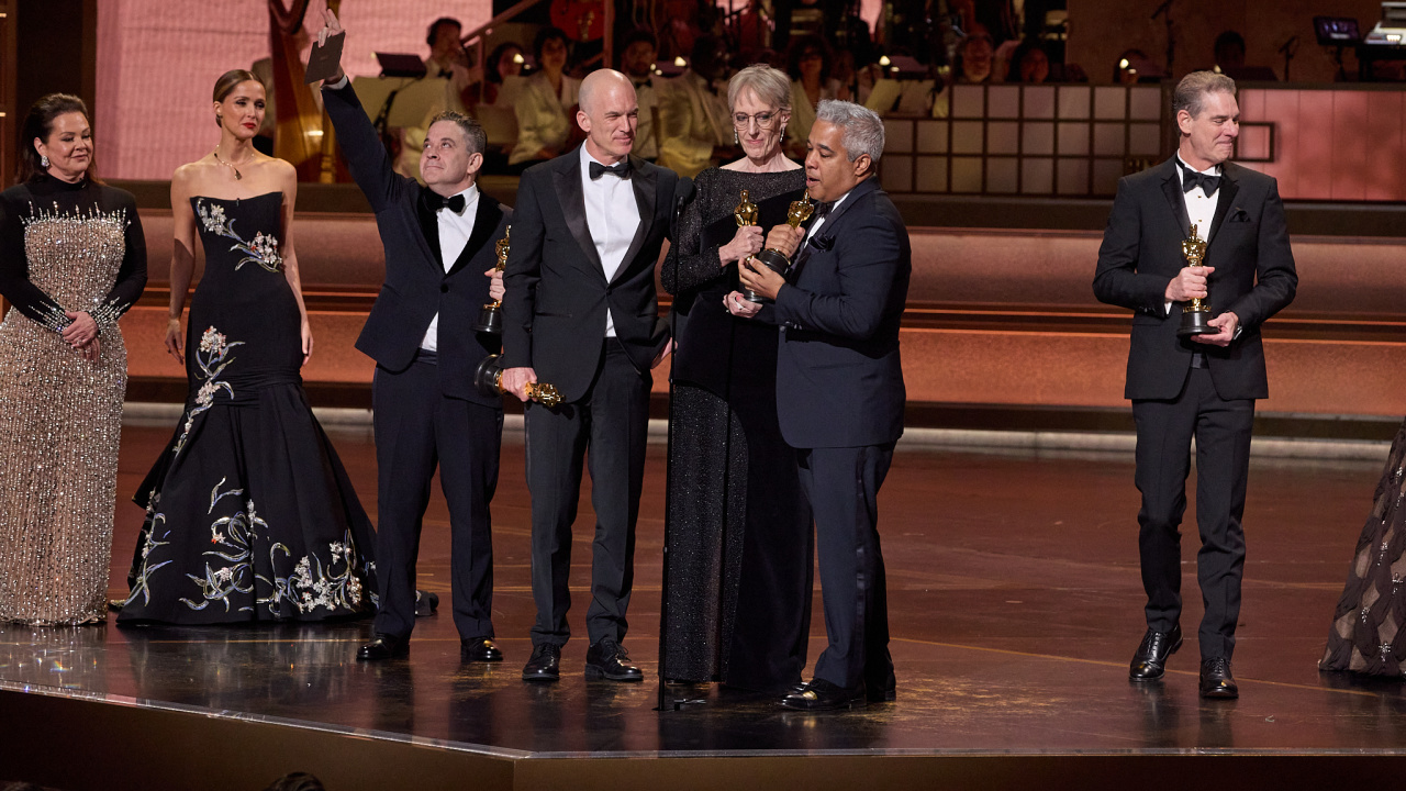 (L to R) Gary A. Rizzo, Gareth John, Gwendolyn Yates Whittle, Juan Peralta and Al Nelson accept the Oscar® for Sound during the 98th Oscars® at the Dolby® Theatre at Ovation Hollywood on Sunday, March 15, 2026. Credit/Provider: Trae Patton / The Academy. Copyright: ©A.M.P.A.S.