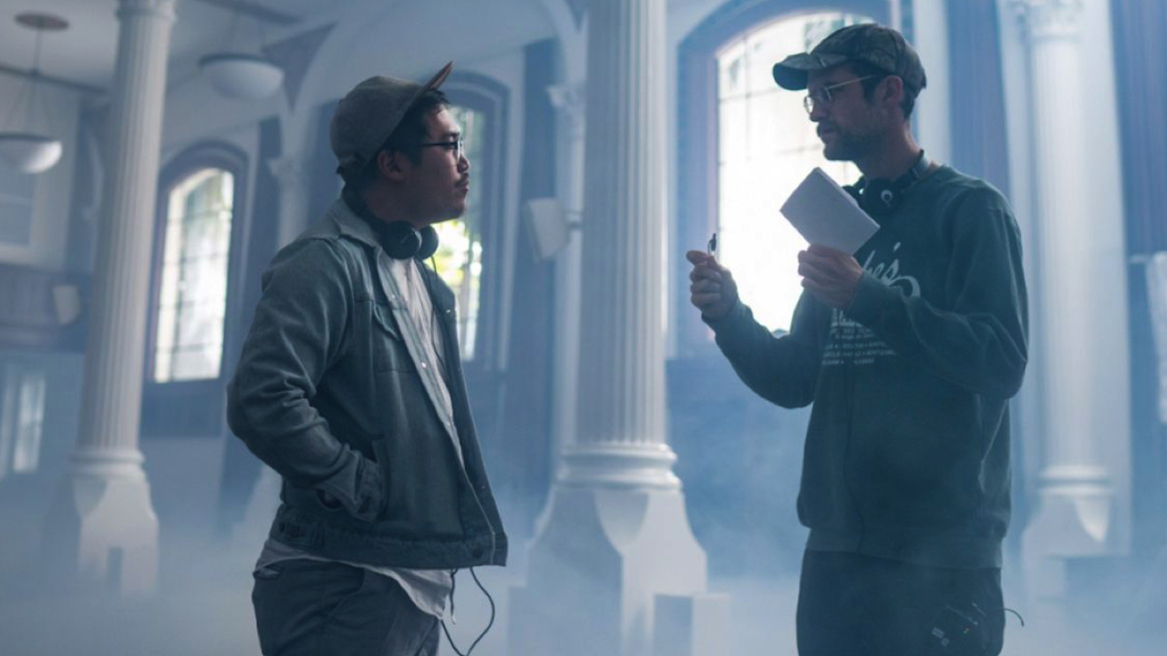 (L to R) Directors Daniel Kwan and Daniel Scheinert on the set of A24's 'Everything Everywhere All at Once.' Photo Credit: Courtesy of A24.