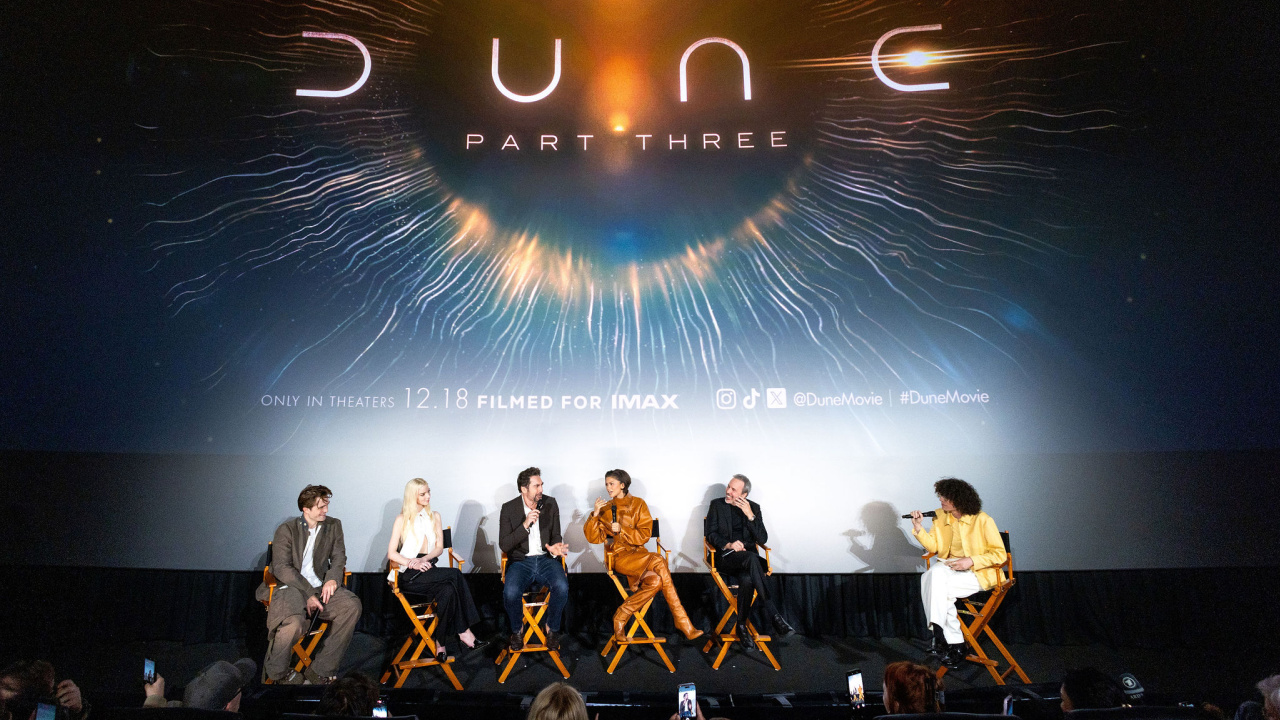 (L to R) Robert Pattinson, Anya Taylor-Joy, Javier Bardem, Zendaya, and director Denis Villeneuve at the Warner Bros. Pictures, trailer launch event of 'Dune: Part Three' at the AMC Century City 15, in Los Angeles, California, March 16, 2026.