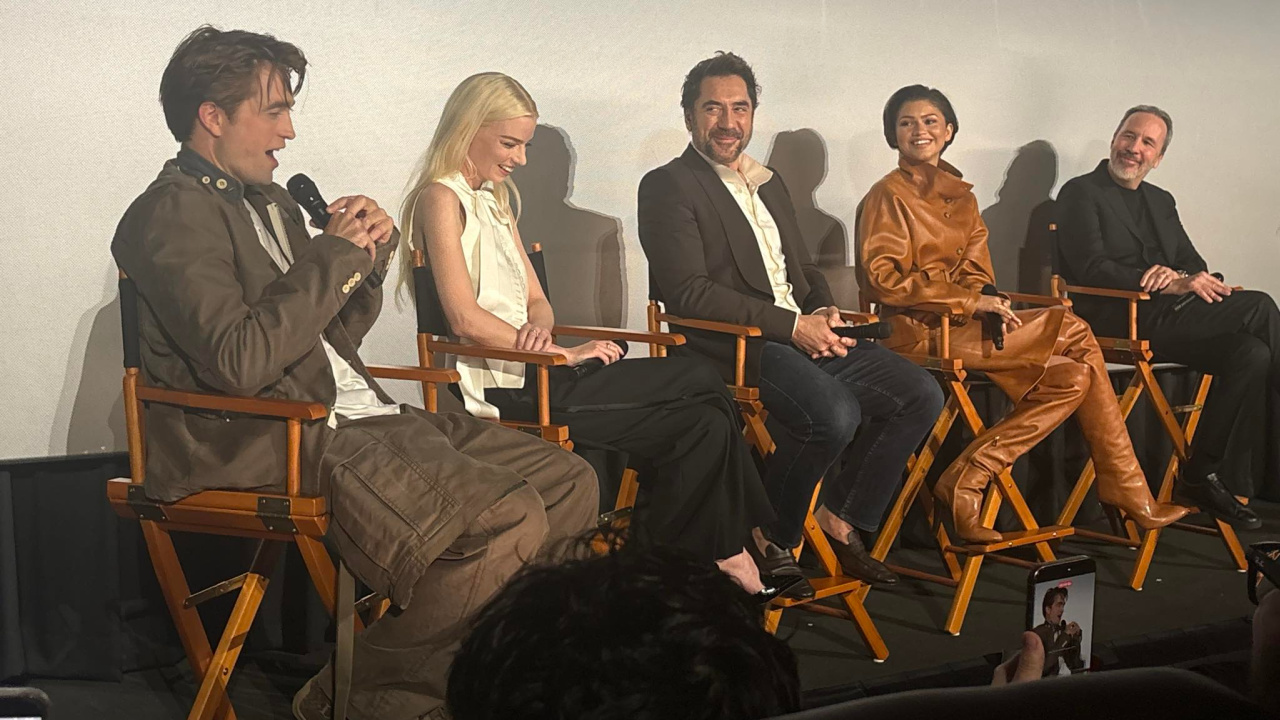 (L to R) Robert Pattinson, Anya Taylor-Joy, Javier Bardem, Zendaya, and director Denis Villeneuve at the 'Dune: Part Three' trailer event. Photo: Jami Philbrick.