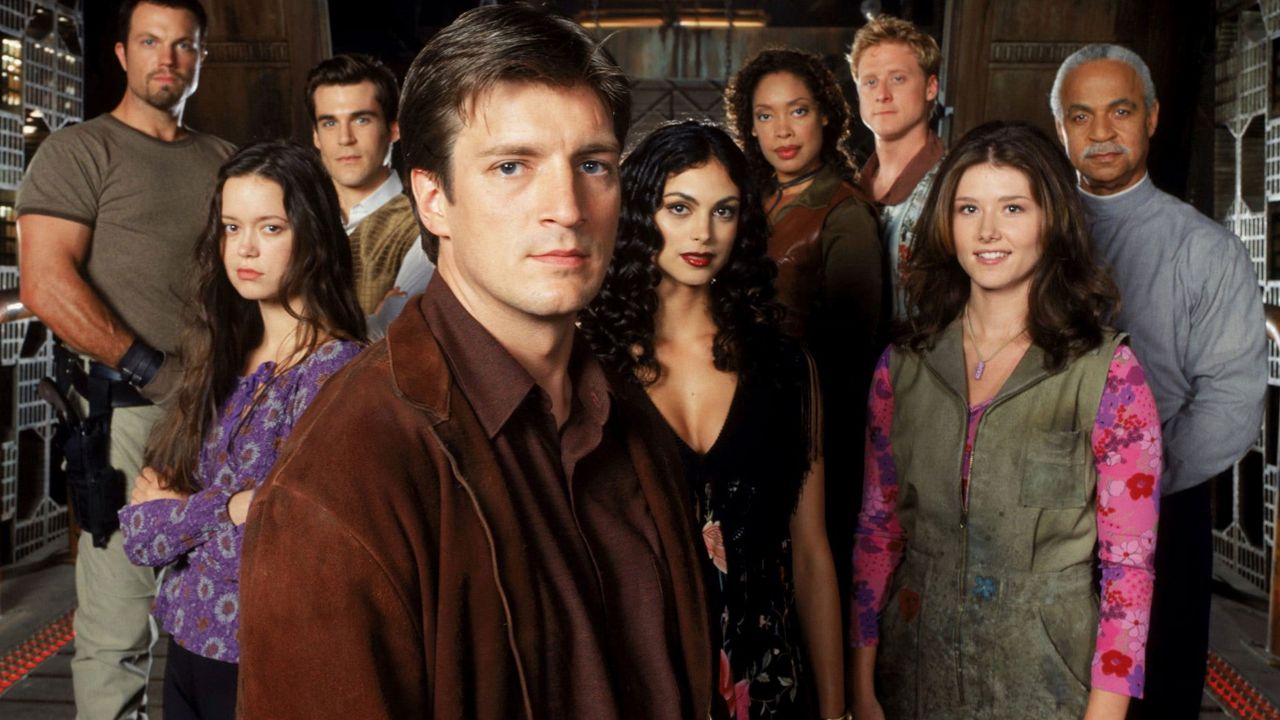 (L to R): Adam Baldwin, Summer Glau, Sean Maher, Nathan Fillion, Morena Baccarin, Gina Torres, Alan Tudyk, Jewel State and Ron Glass in ‘Firefly’. Photo: 20th Century Television.