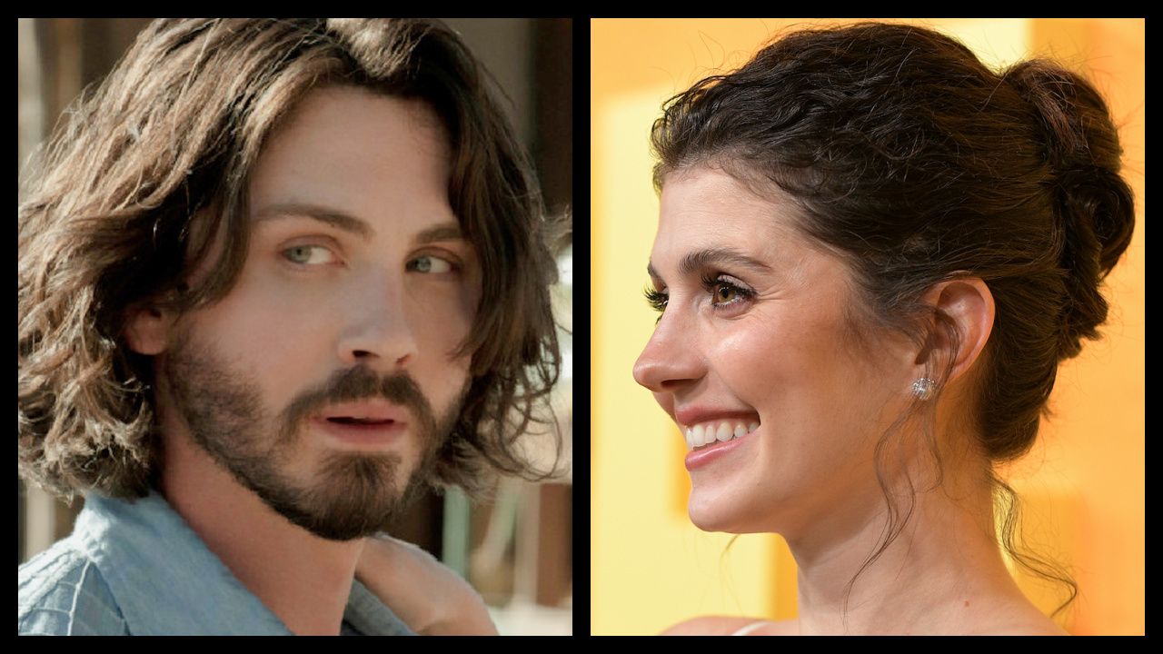 (Left) Logan Lerman as Jonah Heidelbaum on Prime Video's 'Hunters' Season 2. Photo Credit: Jason LaVeris/Prime Video. Copyright: Amazon Studios. (Right) Emily Bader attends the Netflix 'People We Meet on Vacation' Premiere at The Egyptian Theatre Hollywood on January 06, 2026 in Los Angeles, California. Photo by Charley Gallay/Getty Images for Netflix.