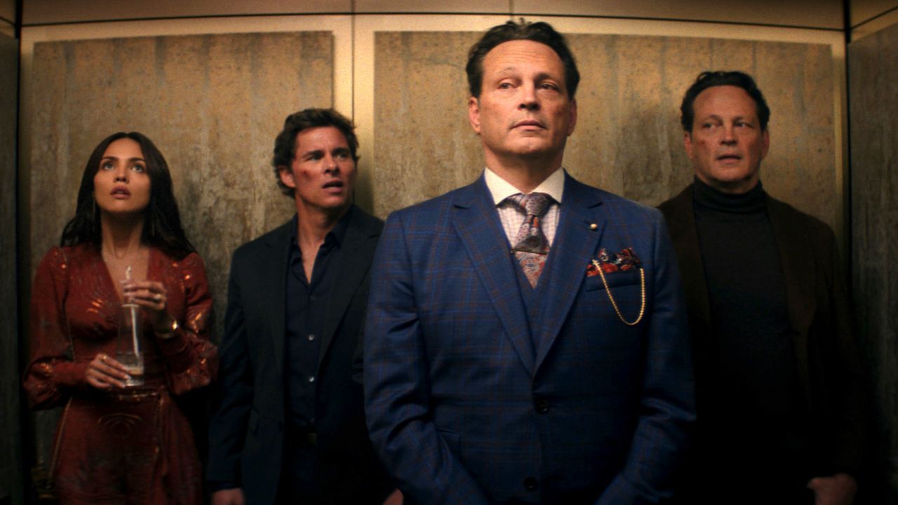 (L to R) Eiza González as Alice, James Marsden as Mike, Vince Vaughn as Present Nick and Vince Vaughn as Future Nick in 20th Century Studios' ‘Mike & Nick & Nick & Alice. Photo courtesy of 20th Century Studios. © 2026 20th Century Studios. All Rights Reserved.