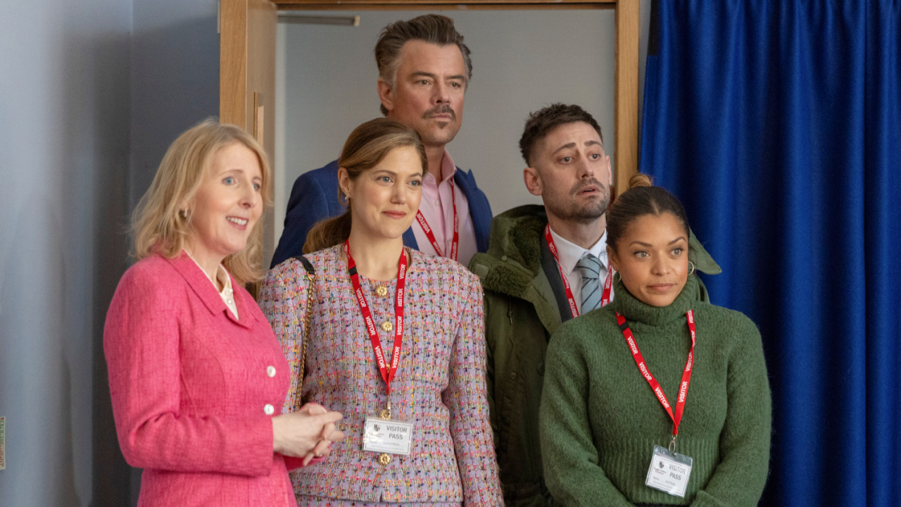 (L to R) Fenella Woolgar as “Mrs. Lawrence”, Charity Wakefield as “Lauren”, Josh Duhamel as “Alan”, Michael Socha as “Brian” and Antonia Thomas as “Sarah” in the Comedy, Family film, 'Preschool'. Photo courtesy of Republic Pictures (a Paramount Pictures label).