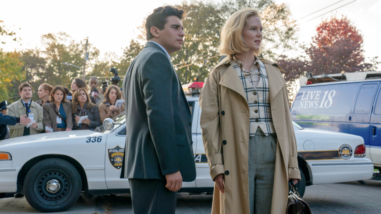 (L to R) and Past Marino (Jake Cannavale) and Past Kay (Rosy McEwen) in 'Scarpetta' Season 1. Photo Credit: Connie Chornuk / Prime. © Amazon Content Services LLC. 