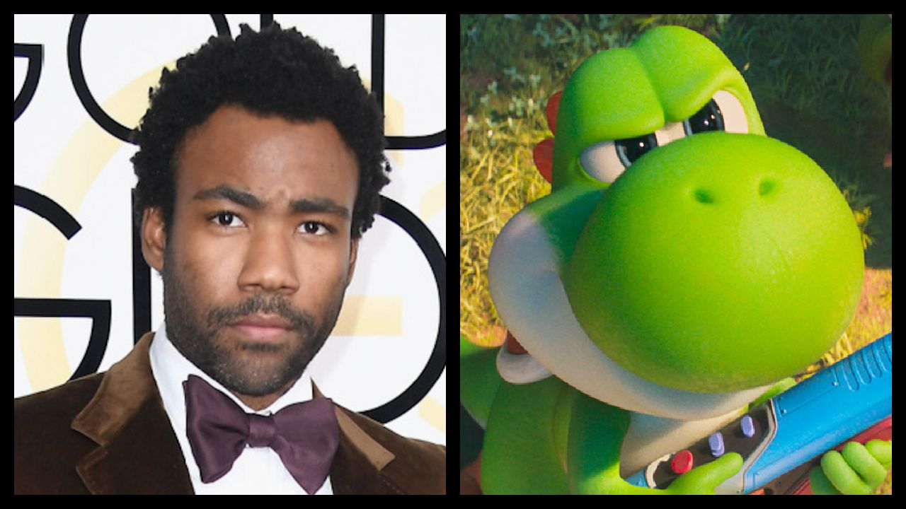 (Left) Donald Glover attends the 74th Annual Golden Globe Awards at The Beverly Hilton Hotel on January 8, 2017 in Beverly Hills, California. Photo by Frazer Harrison/Getty Images. (Right) Yoshi in Nintendo and Illumination’s 'The Super Mario Galaxy Movie', directed by Aaron Horvath and Michael Jelenic.